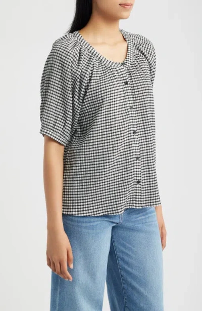 Bobeau Check Front Button Top In Gray