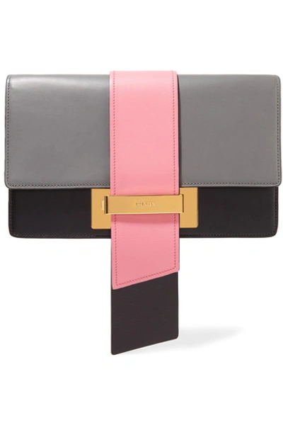 Prada Metal Ribbon Large Color-block Leather Clutch In Gray/pink