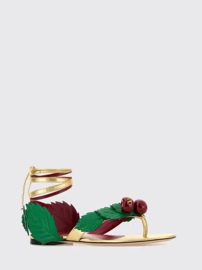 Valentino Leather Cherryfic Thong Sandals Leaf Ankle Strap In Gold