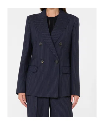 Max Mara Plain-weave Wool Double-breasted Jacket In Blue