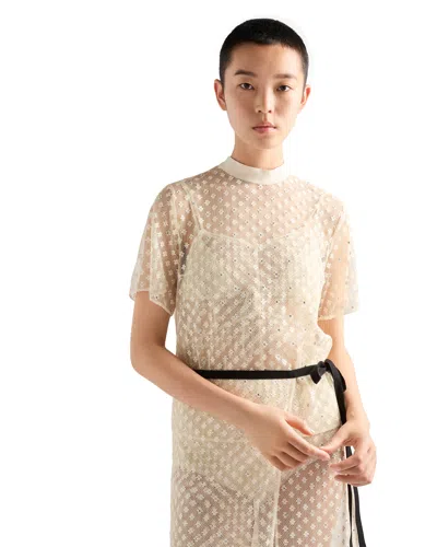 Prada Embroidered Lace Top In Neutral
