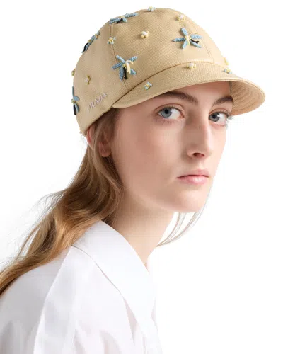 Prada Embroidered Cap In Beige/light Blue
