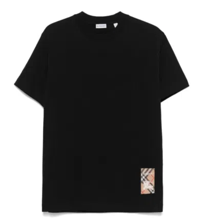Burberry Men Black T-shirt T-shirt With Logo Patch With Tartan Motif In Cotton Man In Black