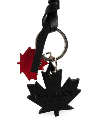 Dsquared2 Maple-leaf Leather Keyring In Black