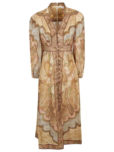Zimmermann Wanderlust Midi Dress With Deep V-neck And Flared Skirt In Brown