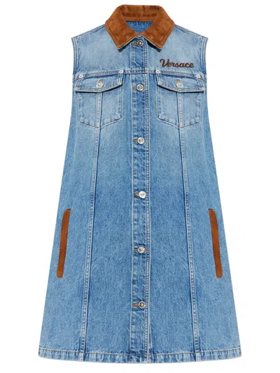 Versace Women Blue Sleeveless Buttoned Mini Dress, M Luxury Dresses For Women Darveys In Blue