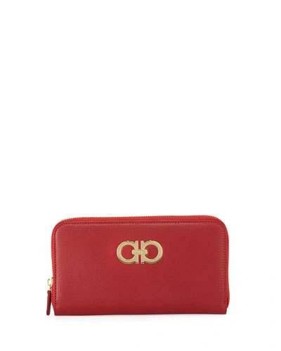 Ferragamo Double Gancio Zip-around Wallet, Red (rosso) In Rosso (gold)