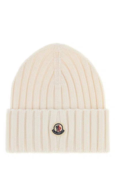 Moncler Ribbed Beanie With Embroidered Logo Detail In Neutral
