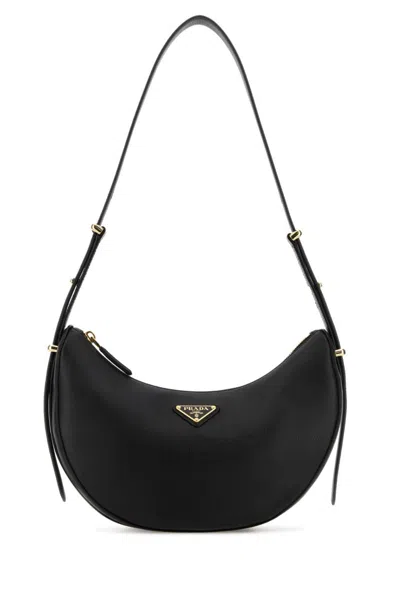 Prada Triangle Logo Plaque Moon Shaped Shoulder Bag In Black