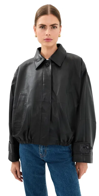 Rohe Leather Jacket Collared Neck Elasticated Hem In Black