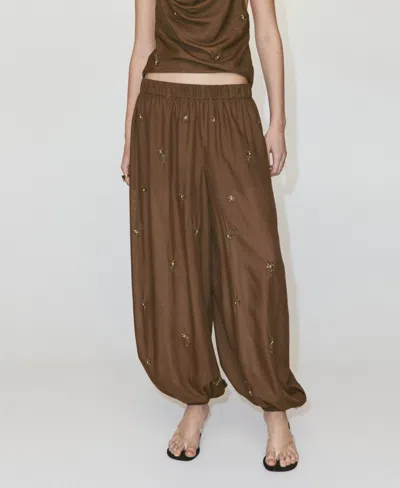 Mango Beaded Embroidered Balloon Pants In Brown