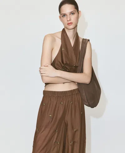 Mango Beaded Embroidered Balloon Pants In Brown
