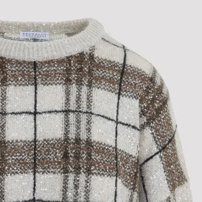 Brunello Cucinelli Plaid-pattern Sequin-embellishment Sweater In Neutral