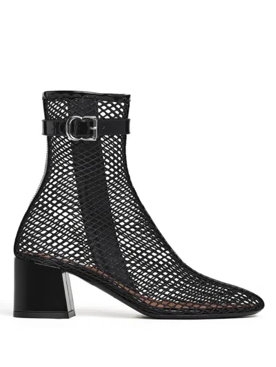 Alaïa Fishnet Patent Leather-trimmed Ankle Boots In Black