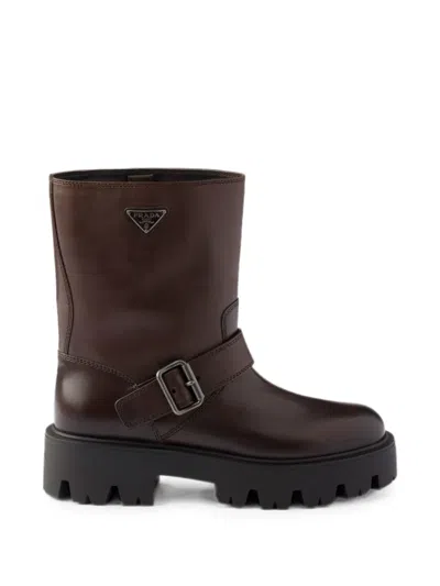 Prada Leather Booties In Brown