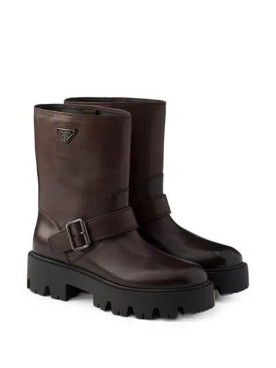 Prada Leather Booties In Brown