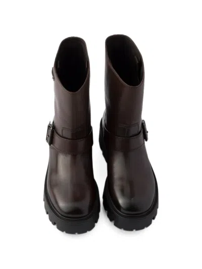 Prada Leather Booties In Brown