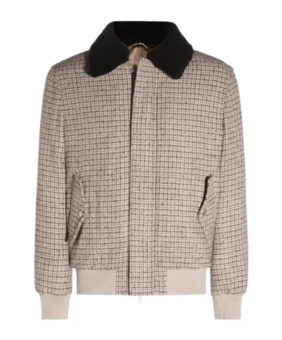 Eleventy Checked-pattern Shearling-collar Jacket In Gray