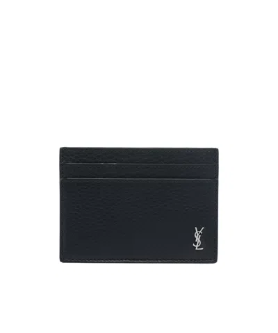 Saint Laurent Tiny Cassandre Grained Leather Cardholder In Black