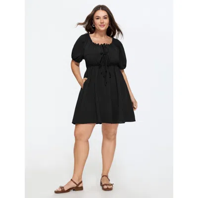 Bloomchic Adjustable Drawstring Tie Front Plain Mini Dress In Black