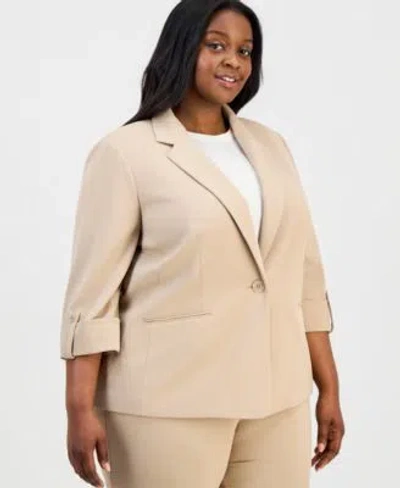 Anne Klein Essentials Plus Size 3 4 Sleeve One Button Jacket Straight Leg Pull On Pants In Distant Mountain