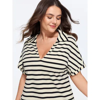 Bloomchic Stretchy Striped Print Collared Midi Dress In Black