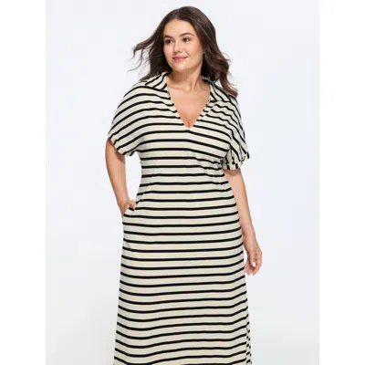 Bloomchic Stretchy Striped Print Collared Midi Dress In Black