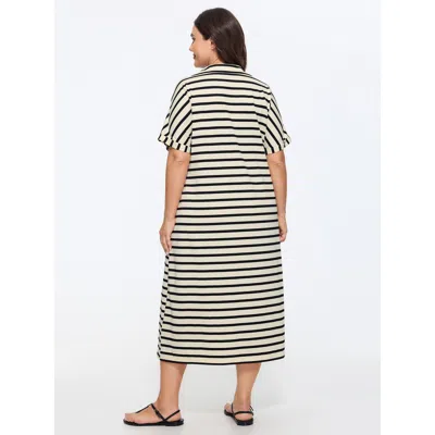 Bloomchic Stretchy Striped Print Collared Midi Dress In Black