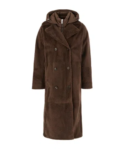Moorer Hooded Double Breasted Down Jacket Oversized In Brown