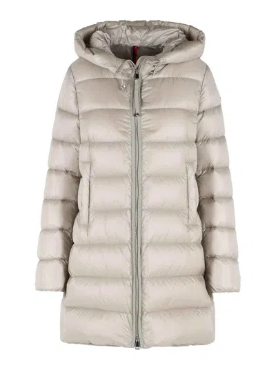 Moncler Suyenne Hooded Long Down Jacket In Gray