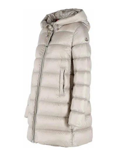 Moncler Suyenne Hooded Long Down Jacket In Gray