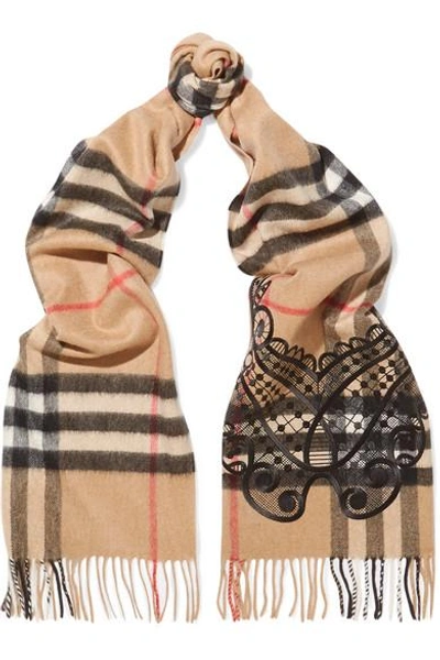 Shop Burberry Embroidered Checked Cashmere Scarf