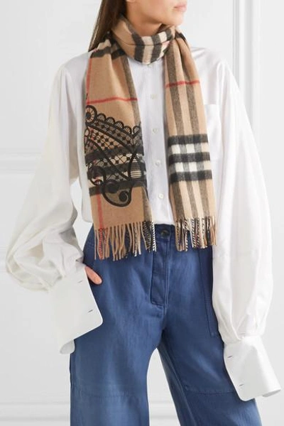 Shop Burberry Embroidered Checked Cashmere Scarf