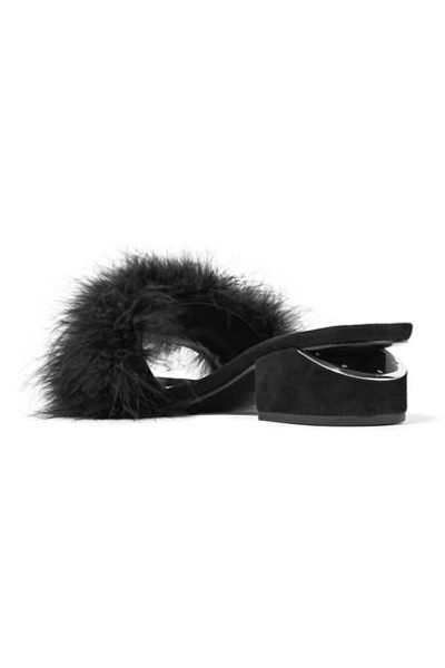 Shop Alexander Wang Lou Feather-embellished Suede Mules