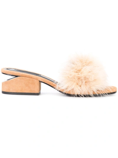 Alexander Wang Lou Suede And Feather Slip-on Sandals In Clay