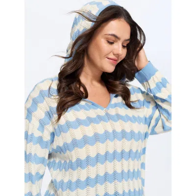 Bloomchic Wavy Stripe Hollow Hooded Pullover In Blue