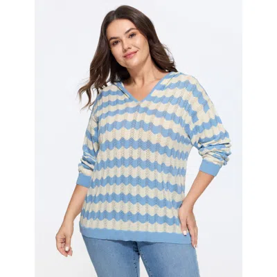 Bloomchic Wavy Stripe Hollow Hooded Pullover In Blue