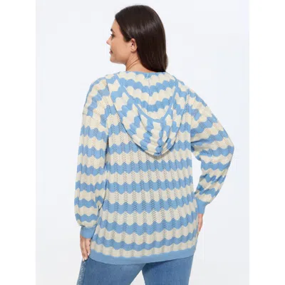 Bloomchic Wavy Stripe Hollow Hooded Pullover In Blue