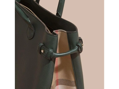 Shop Burberry The Large Banner In Leather And House Check In Dark Bottle Green