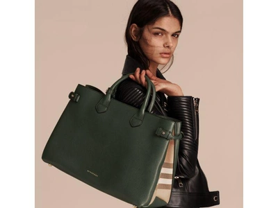 Shop Burberry The Large Banner In Leather And House Check In Dark Bottle Green