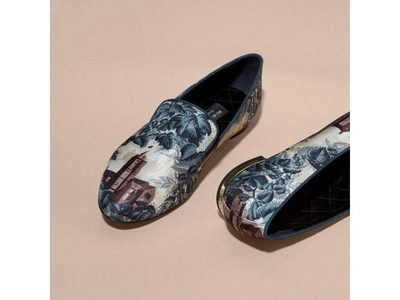 Shop Burberry Pyjama Print Silk Cotton Loafers In Pale Stone Blue