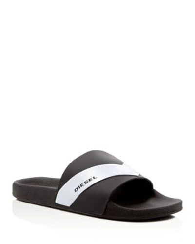 Shop Diesel A-lohaa Sa-maral Slide Sandals In Black/white