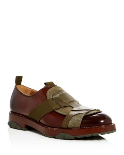 Shop Ferragamo Burnished Leather Slip On Oxfords With Mixed Media Overlay In Mogano Brown