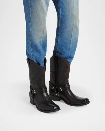 Versace Sylvester Leather Texan Boots In Black