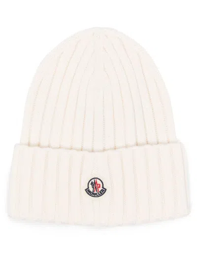 Moncler Ribbed Beanie With Embroidered Logo Detail In Neutral