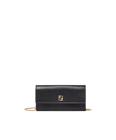 Fendi Ff Continental With Chain Black Leather Wallet In Black