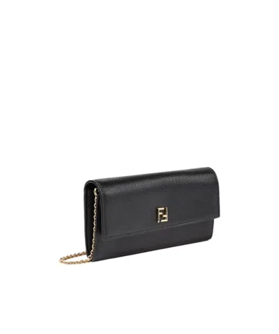 Fendi Ff Continental With Chain Black Leather Wallet In Black