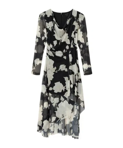 Allsaints Polyester Loria Draped Mesh Midi Dress In Black