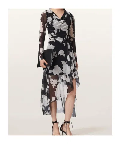 Allsaints Polyester Loria Draped Mesh Midi Dress In Black