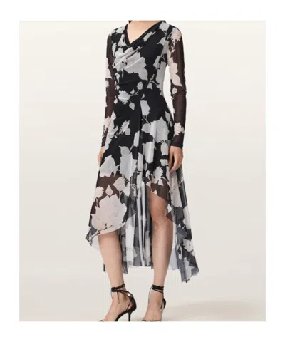Allsaints Polyester Loria Draped Mesh Midi Dress In Black